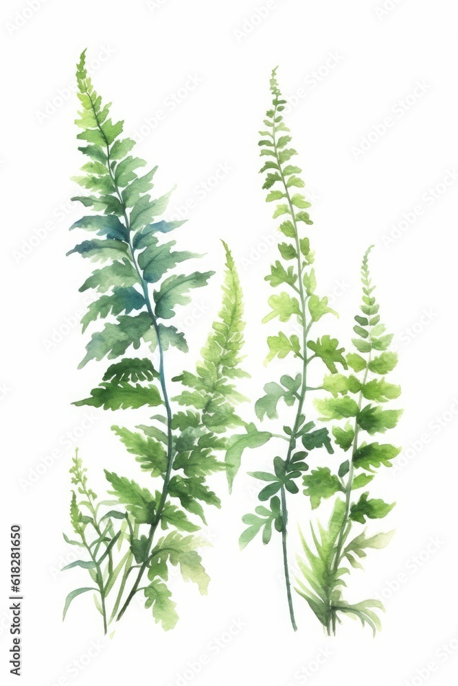 Watercolor calming collection of ferns and moss. AI generated Watercolor calming collection of ferns and moss. AI generated