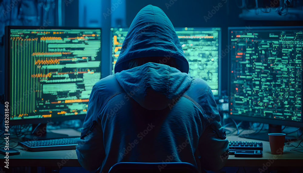 Back view hacker in hoodie working in dark neet, crypto theme neon color. Generation AI - obrazy, fototapety, plakaty 