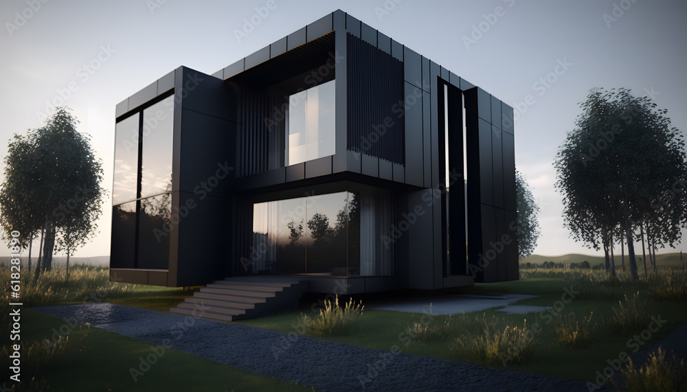 Modern dark Minimalist design house for living with big panorama windows in forest. Generation AI Modern dark Minimalist design house for living with big panorama windows in forest. Generation AI