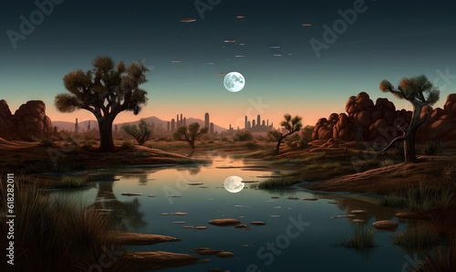  a painting of a desert landscape with a river and trees.  generative ai