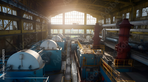 Industrial interior of hydroelectric power station with electric generators, sun light. Generation AI.