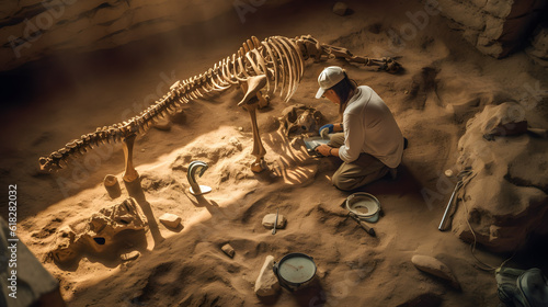 Archeologists discover fossil, excavation digging site concept. Archeolog man working on Paleontologist cleaning skeleton dinosaur tyrannosaurus, top view. Generation AI © Adin