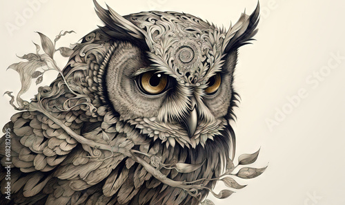  a drawing of an owl sitting on a branch with leaves.  generative ai