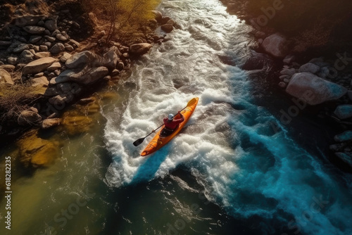 Aerial top view of extreme sport. Kayak sails mountain river. Rafting, kayaking. Generative AI