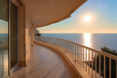 A large apartment balcony with sea view. Terrace with a beautiful view. Generative AI © barmaleeva
