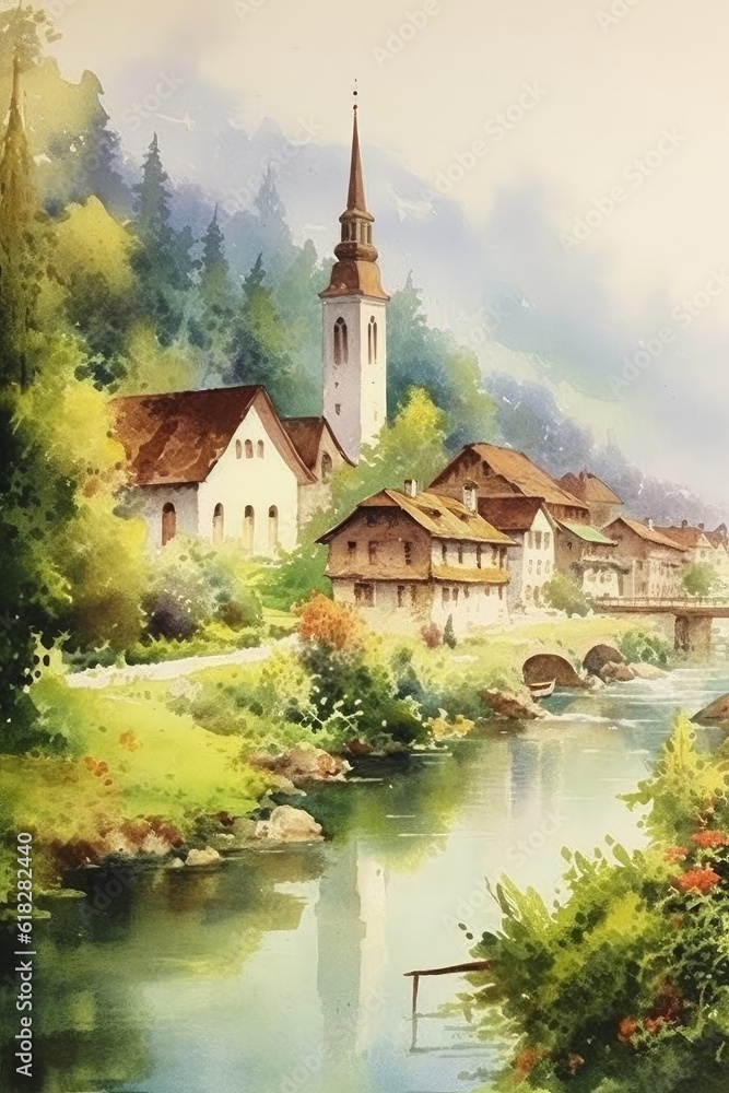 Watercolor charming countryside village with cottage. AI generated