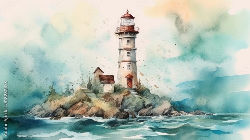 Watercolor charming lighthouse on the coast. AI generated