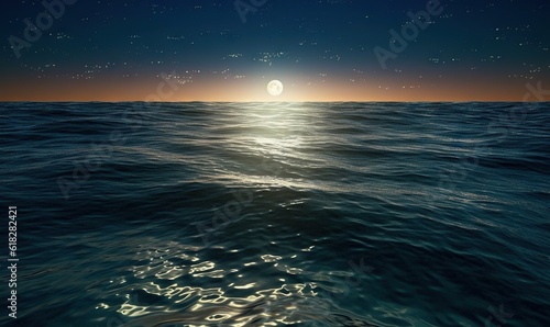  a full view of the ocean at night with a full moon.  generative ai