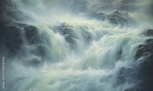  a painting of a waterfall in the middle of a river. generative ai