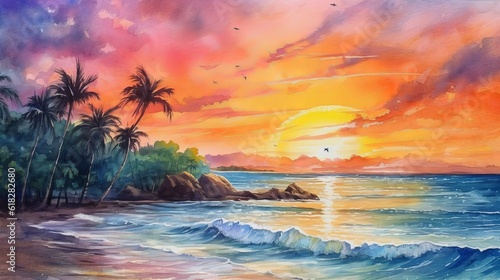 Watercolor colorful sunset on a beach. AI generated