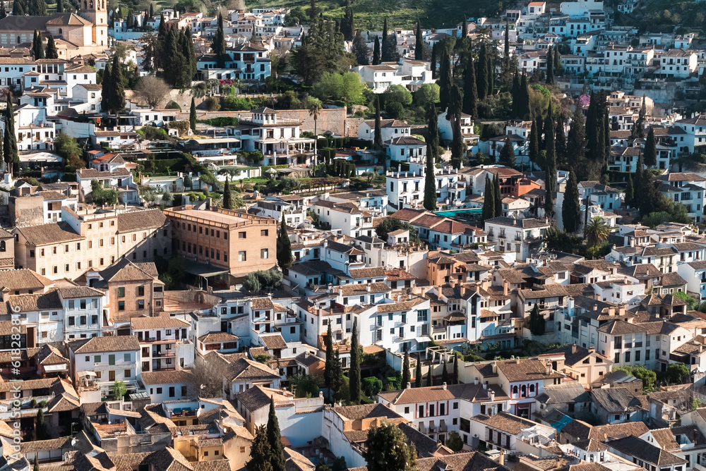 Granada,Spain. April 14, 2022:  Albaicin neighborhood architecture and blue sky. Panoramic landscape of the neighborhood.