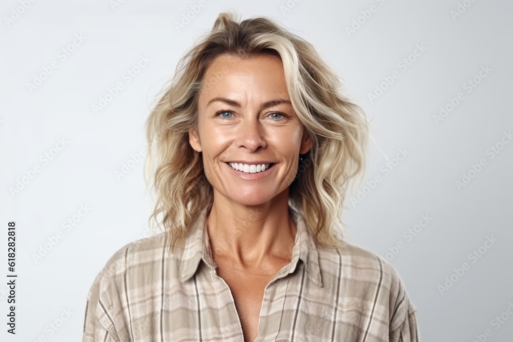 Portrait of beautiful middle aged woman smiling at camera over white background Portrait of beautiful middle aged woman smiling at camera over white background