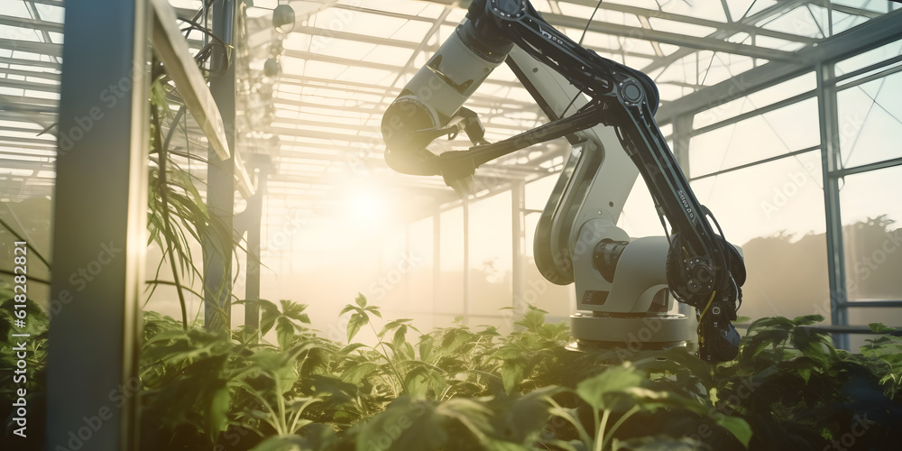 Cannabis farm marijuana automatic plantation with modern robot arm, sunset. Generation AI
