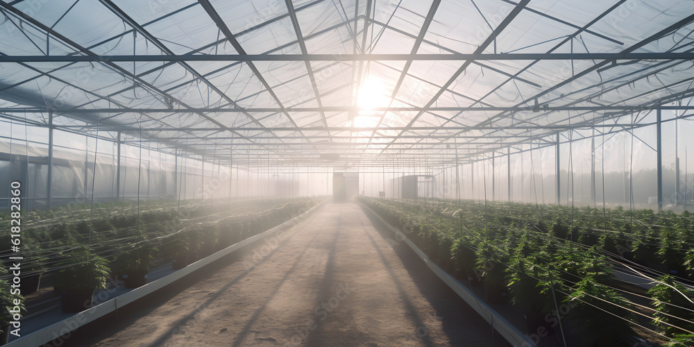 Cannabis farm marijuana plantation, sunset. Generation AI