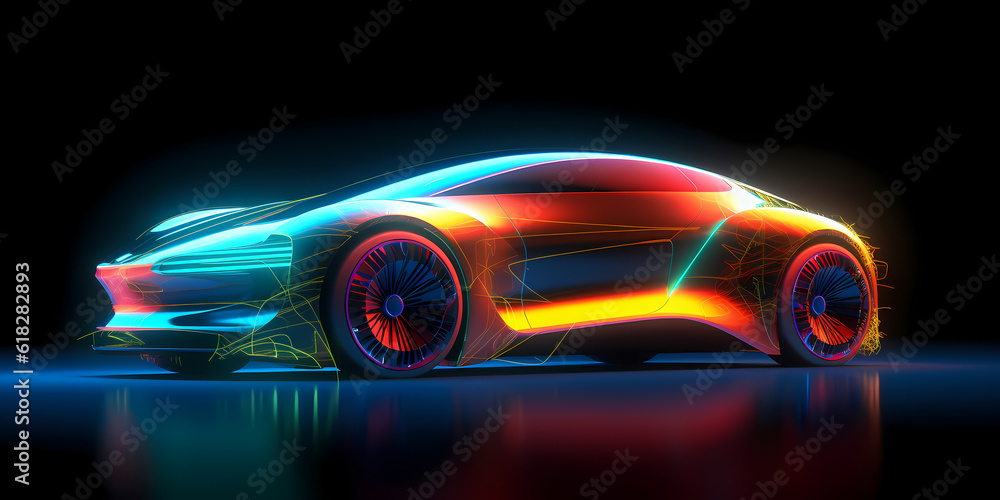 Fast Cyberpunk color neon modern car of future from bright lines in motion. Concept autopilot revolution. Generation AI