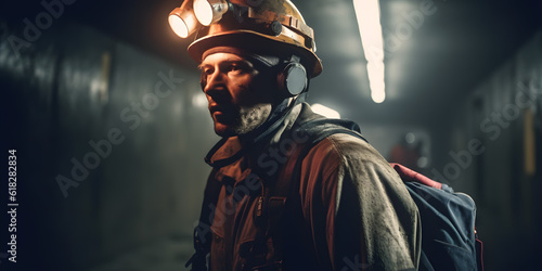 Portrait miner man with headlamps entering underground coal mine. Concept hard mining working. Generation AI