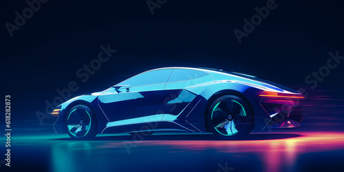 Fast Cyberpunk blue neon modern car of future from bright lines in motion. Concept autopilot revolution. Generation AI