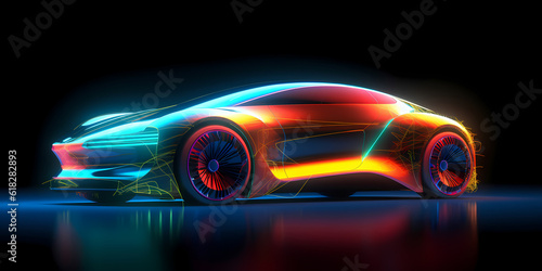 Fast Cyberpunk color neon modern car of future from bright lines in motion. Concept autopilot revolution. Generation AI