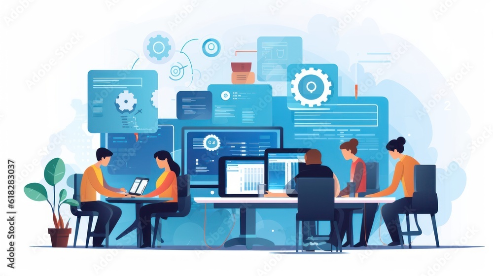 Scene depicting a team of developers working on mobile app development, coding for iOS or Android platforms