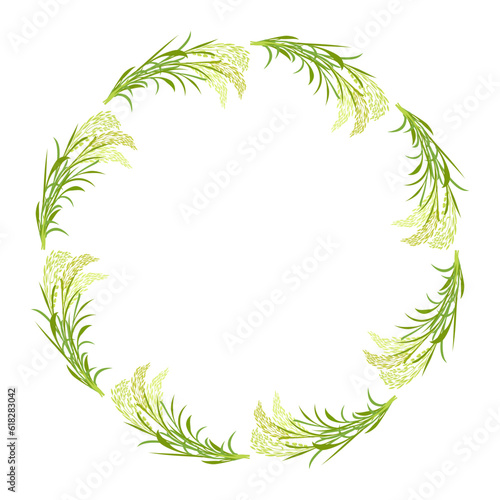Round frame made of rice ears. Border of plant twigs and leaves for design. Basmati wreath