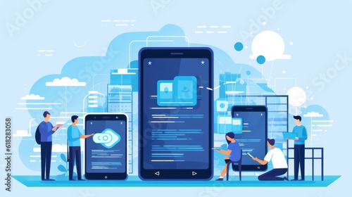 Scene depicting a team of developers working on mobile app development, coding for iOS or Android platforms