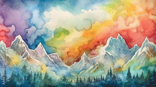 Watercolor dreamy mountain range with a rainbow. AI generated © Olive Studio