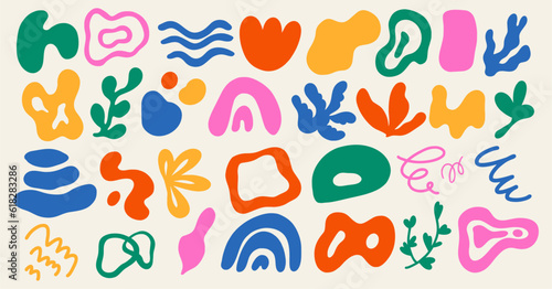 Set of different abstract shapes and patterns. Hand drawn doodles. Modern fashion illustration. Flat design, cartoon drawing, vector.