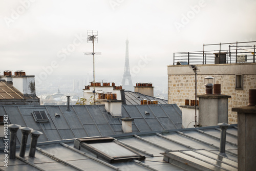 Panoramic view over the roofs of the evening overcast Paris - fog over the city