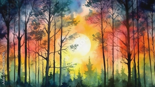 Watercolor gorgeous sunrise over a forest canopy. AI generated