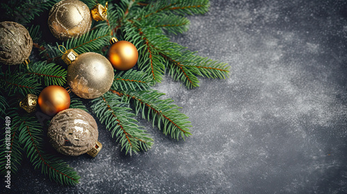 Beautiful Wide Angle Holiday Template with Christmas ball on fir tree and highlights. Web banner with copy space for design.