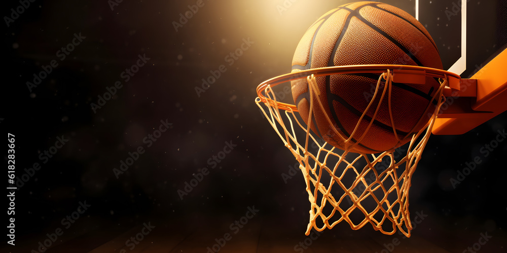 Banner sports tournament Basketball, ball on dark background with red sun light and sparks, copy space. Generation AI