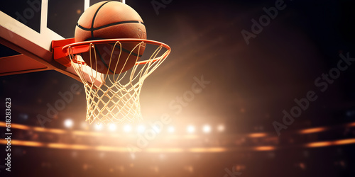 Banner sports tournament Basketball, ball on dark background with red sun light and sparks, copy space. Generation AI © Adin