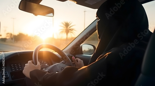 Islam female is driver. Arabic Muslim women driving car, sunset light. AI generation
