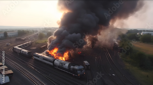 Wagons freight train carrying hazardous substances derailed, tanks burning fire with pesticides. Concept technogenic disaster. Generation AI.