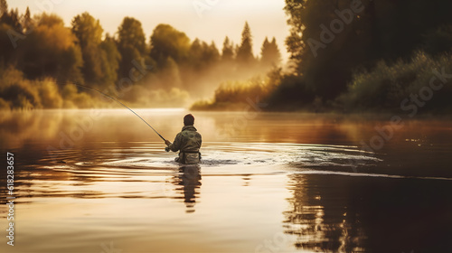 Sport fishing man sunset or morning ligh with for. Generation AI