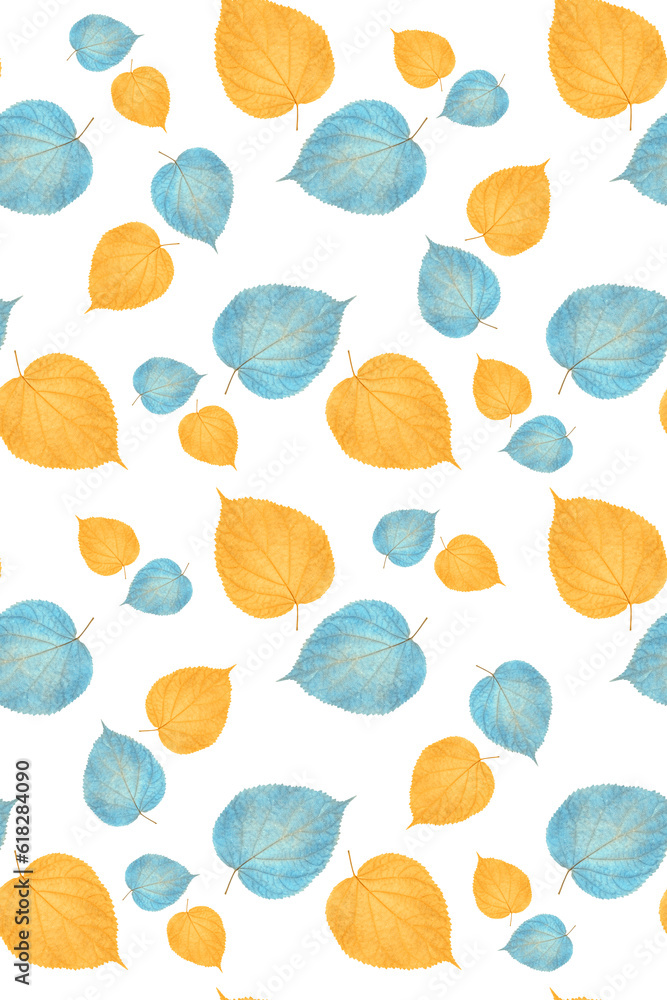 Fototapeta premium Yellow blue leaves on a white background, seamless pattern. Design for textile, wallpaper, wrapping paper, bed linen, package.