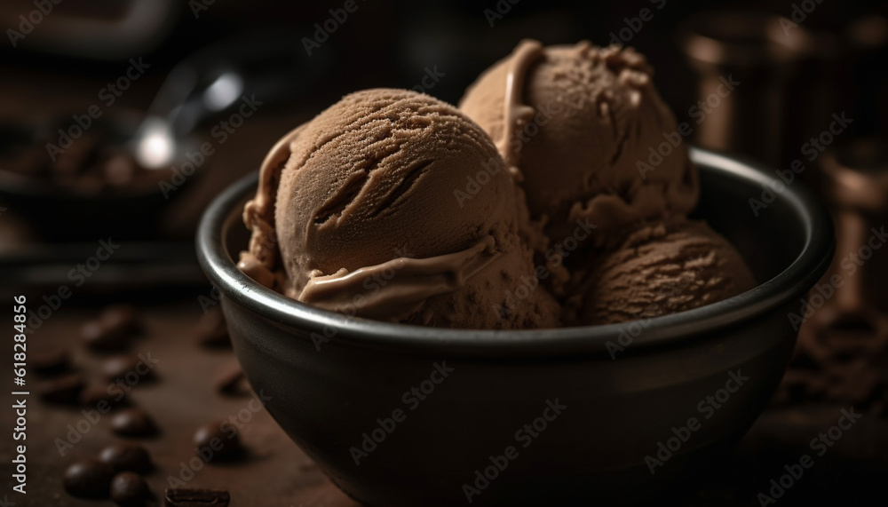 Indulgent chocolate ice cream bowl, ready to eat generated by AI Indulgent chocolate ice cream bowl, ready to eat generated by AI