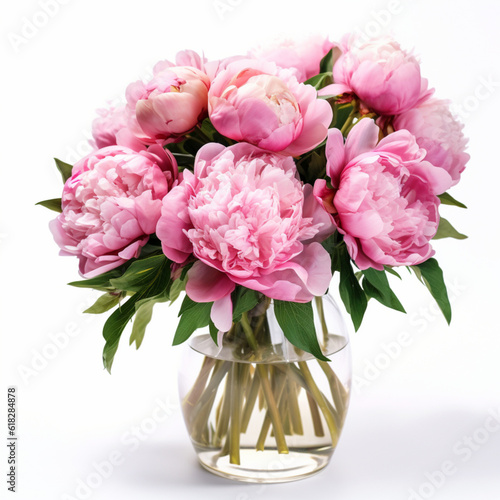 Illustration, AI generation. Bouquet of pink peonies in a glass vase on a white background.