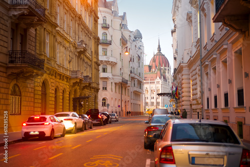 Old street with Parliament dome view in Budapest