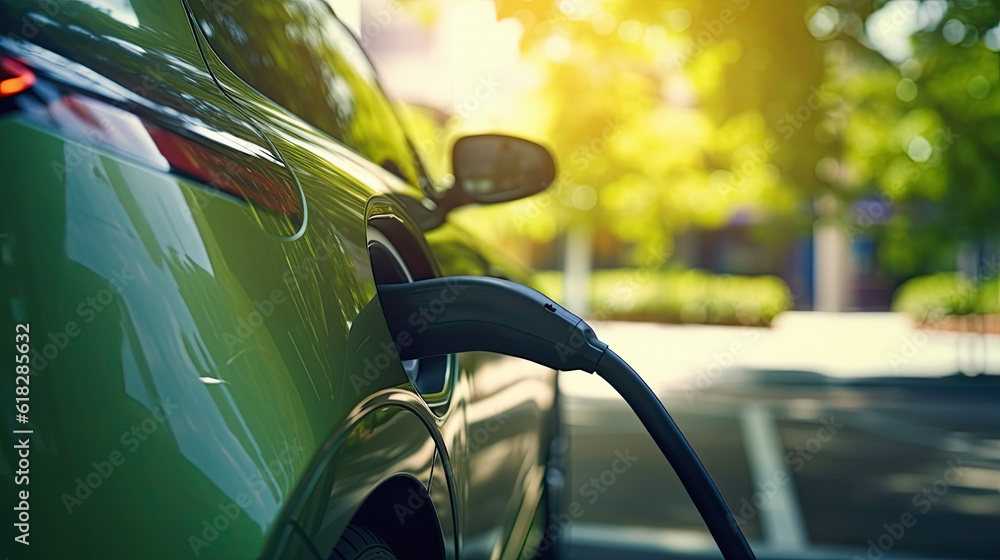 Electric car on the charging station with power supply connected, ai generative Electric car on the charging station with power supply connected, ai generative