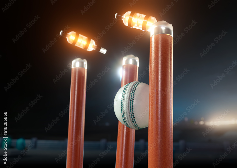 Ball Striking Illuminated Cricket Wickets - obrazy, fototapety, plakaty 