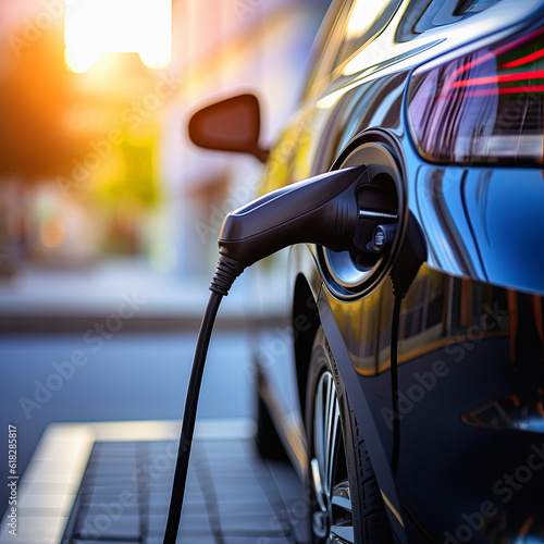 Electric car on the charging station with power supply connected, ai generative © ZoomTeam