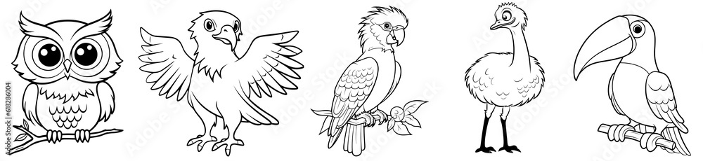 Birds - cute Owl, Eagle, Parrot, Ostrich and Toucan, simple thick lines kids or children cartoon coloring book pages. Clean drawing can be vectorized to illustration. Generative AI