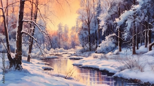 Watercolor serene winter morning with snow-covered. AI generated