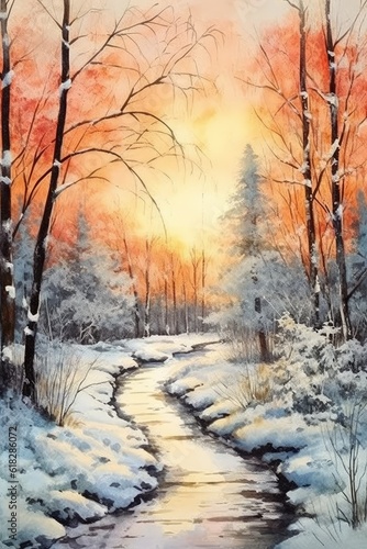 Watercolor serene winter morning with snow-covered. AI generated © Olive Studio