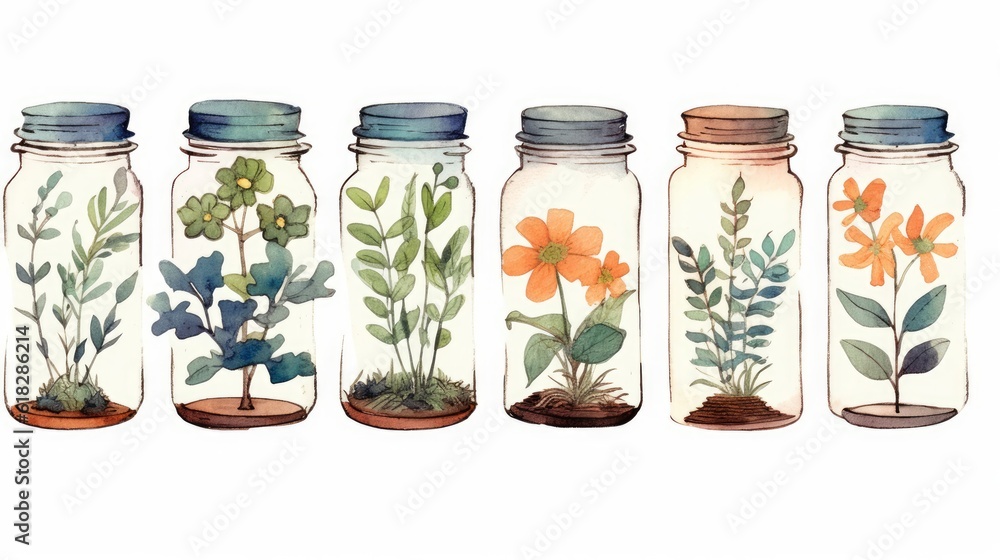 Watercolor simple collection of leaves and flowers. AI generated Watercolor simple collection of leaves and flowers. AI generated