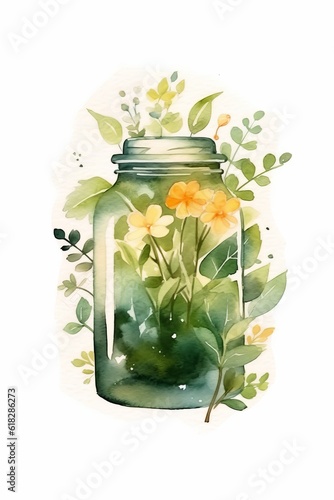 Watercolor simple collection of leaves and flowers. AI generated