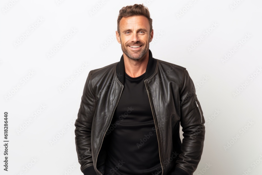 Portrait of a handsome man in a leather jacket on a white background Portrait of a handsome man in a leather jacket on a white background