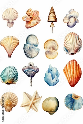 Watercolor simple collection of seashells in watercor. AI generated