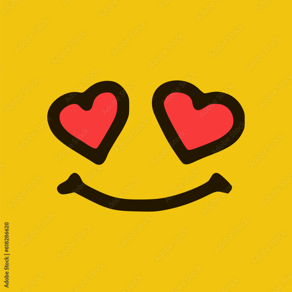 Emoticon in love in doodle style. Cartoon face expressions isolated on yellow background Emoticon in love in doodle style. Cartoon face expressions isolated on yellow background